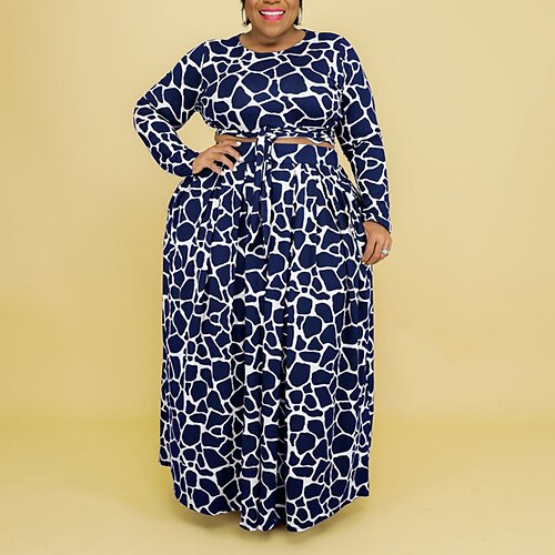 

Women's Plus Size Two Piece Dress Print Crew Neck Print Long Sleeve Fall Spring Work Formal Maxi long Dress Daily Formal Dress