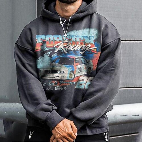 

Men's Hoodie Pullover Hooded Graphic Car Print Daily Holiday Going out Hot Stamping Streetwear Casual Hoodies Sweatshirts Long Sleeve Gray