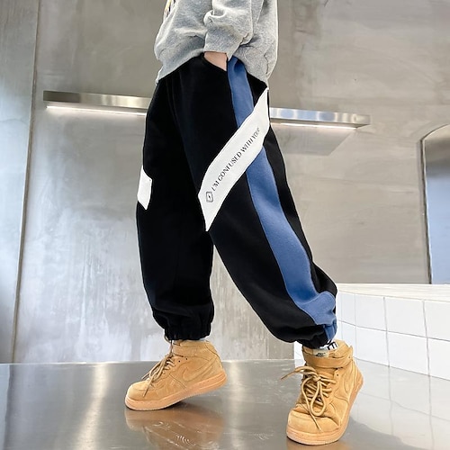 

Kids Boys Pants Color Block Active Street Cotton 4-13 Years Winter Black Grey