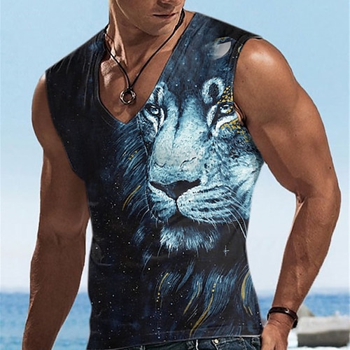 

Men's Unisex Undershirt Animal Lion Graphic Prints V Neck Blue 3D Print Outdoor Street Sleeveless Print Clothing Apparel Sports Casual Classic Big and Tall / Summer / Summer