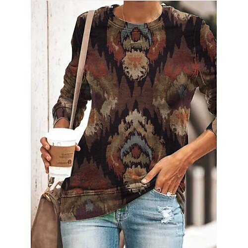 

Women's T shirt Tee Graphic Casual Weekend Painting T shirt Tee Long Sleeve Print Round Neck Basic Brown S / 3D Print