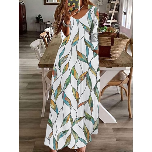 

Women's A Line Dress Swing Dress Maxi long Dress White Long Sleeve Floral Pocket Print Fall Winter V Neck Casual Vacation 2022 S M L XL XXL 3XL / Casual Dress