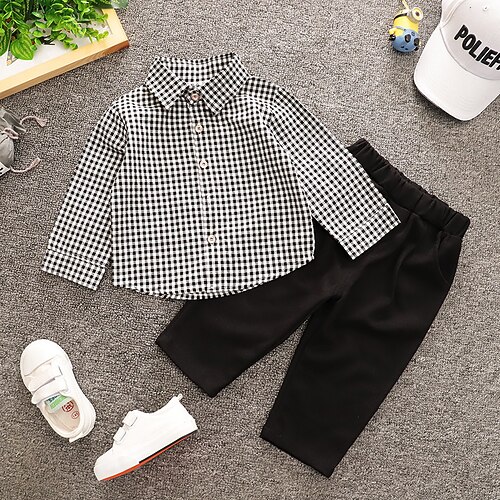 

Toddler Boys Suit Blazer Shirt Pants Clothing Set 3 Pieces Long Sleeve Black Plaid Vacation Fashion Preppy Style 1-5 Years