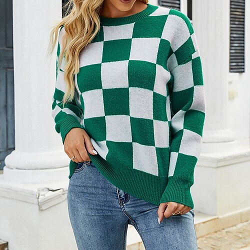 

Women's Pullover Sweater Jumper Ribbed Knit Knitted Plaid Crew Neck Stylish Casual Daily Going out Fall Winter Green Black S M L / Long Sleeve