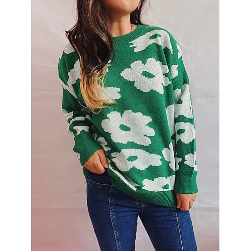

Women's Pullover Sweater Jumper Chunky Knit Tunic Knitted Floral Crew Neck Stylish Casual Home Daily Fall Spring Green Black S M L / Long Sleeve