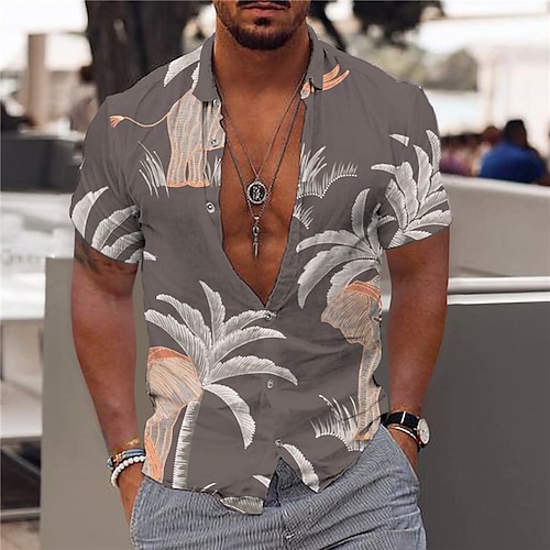 

Men's Shirt Coconut Tree Turndown Gray Short Sleeves 3D Print Outdoor Street Button-Down Print Tops Fashion Designer Casual Breathable / Summer / Spring / Summer