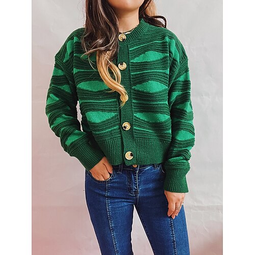 

Women's Cardigan Sweater Jumper Chunky Knit Cropped Knitted Abstract Crew Neck Stylish Casual Home Daily Fall Winter Green Pink S M L / Long Sleeve