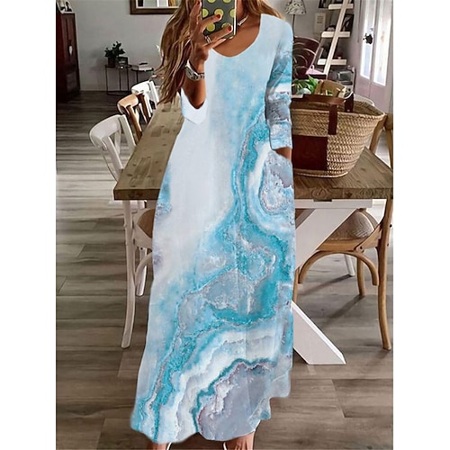 

Women's A Line Dress Swing Dress Maxi long Dress Blue Light Blue Long Sleeve Color Gradient Pocket Print Fall Winter V Neck Casual Vacation 2022 S M L XL XXL 3XL / Casual Dress