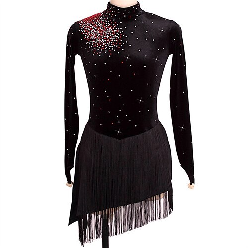 

Figure Skating Dress Women's Girls' Ice Skating Dress Black Thumbhole Tassel High Elasticity Training Competition Skating Wear Crystal / Rhinestone Long Sleeve Ice Skating Figure Skating / Winter