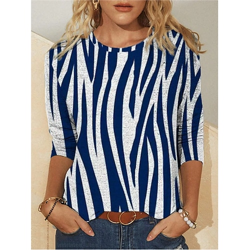 

Women's T shirt Tee Geometric Casual Daily Sports T shirt Tee Long Sleeve Patchwork Print Round Neck Basic Blue S / 3D Print