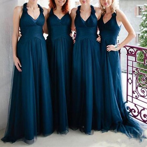 

A-Line Bridesmaid Dress V Neck Sleeveless Elegant Sweep / Brush Train Tulle with Pleats / Solid Color 2022