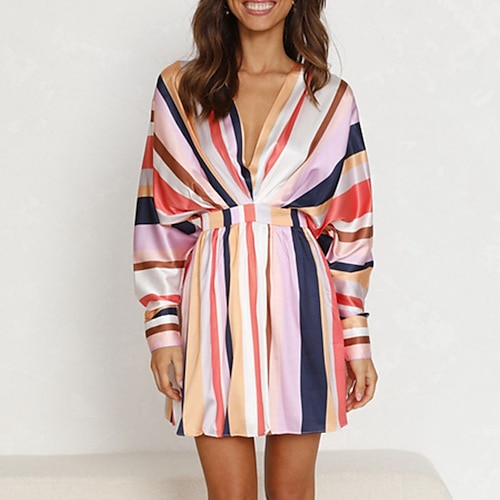 

Women's Casual Dress Mini Dress Pink Long Sleeve Striped Ruched Fall Spring Autumn V Neck Stylish Winter Dress Weekend Fall Dress Loose Fit 2023 S M L XL