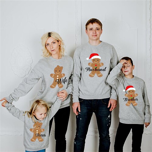 

Family Look Christmas Sweatshirt Gingerbread Christmas pattern Letter Daily Print Gray Long Sleeve Adorable Matching Outfits