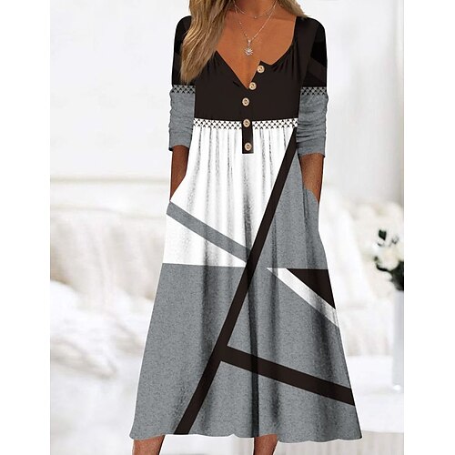 

Women's A Line Dress Midi Dress Gray Long Sleeve Color Block Patchwork Spring Summer Crew Neck Casual Fashion Modern 2022 S M L XL XXL 3XL