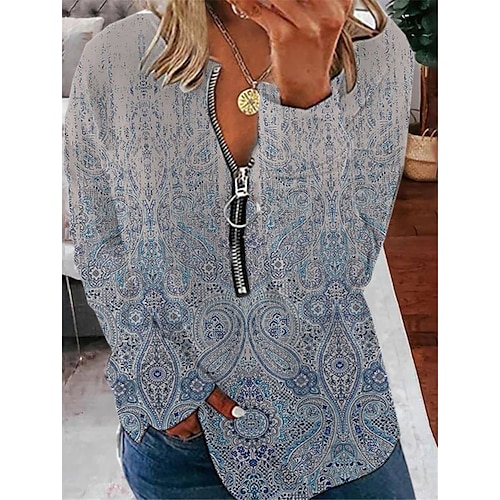 

Women's Plus Size Tops Pullover Sweatshirt Hoodie Sweatshirt Floral Zipper Print Long Sleeve Round Neck Streetwear Daily Vacation Polyester Fall Winter Blue