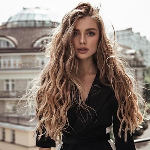 

Sleek Synthetic Lace Wig Highlights Color Long Wavy Wig Synthetic Curly Middle Part Wigs for Women Brown Mixed Blonde Heat Resistant Hair Wigs