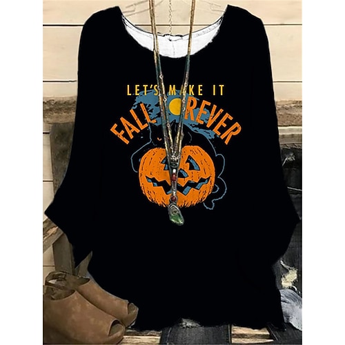 

Women's Plus Size Tops Blouse Shirt Letter Pumpkin Print Long Sleeve Crewneck Vintage Casual Festival Halloween Halloween Daily Polyester Fall Winter Black Yellow / 3D Print