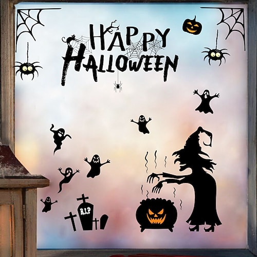 

Halloween Witch Pumpkin Bat Holiday Shop Window Background Decoration Can Be Removed Paste