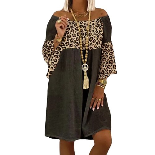 

Vestido de mudança feminino vestido casual curto mini vestido preto manga 3/4 de comprimento estampa de leopardo outono inverno fora do ombro casual maduro 2022 4xl