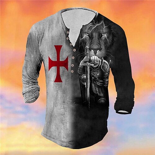 

Men's T shirt Tee Henley Shirt Tee Graphic Color Block Soldier Henley Dark Gray 3D Print Plus Size Outdoor Daily Long Sleeve Button-Down Print Clothing Apparel Basic Classic Comfortable Big and Tall