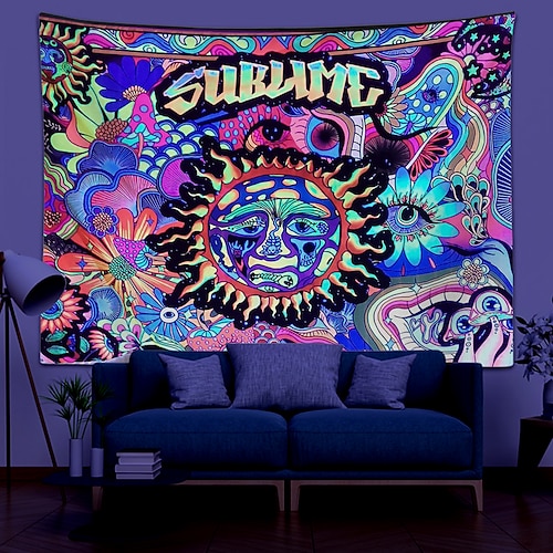 

Blacklight UV Reactive Tapestry Tarot Divination Sun Decoration Cloth Curtain Picnic Table Cloth Hanging Home Bedroom Living Room Dormitory Decoration Polyester