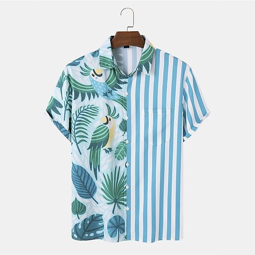 

Men's Shirt 3D Print Floral Striped Turndown Street Casual Button-Down Print Short Sleeves Tops Designer Casual Fashion Breathable Blue Pink / Summer