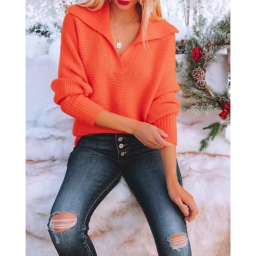 

Women's Pullover Jumper Crochet Knit Knitted Solid Color V Neck Casual Daily Fall Winter Yellow Khaki One-Size / Cotton / Long Sleeve / Loose / Cotton