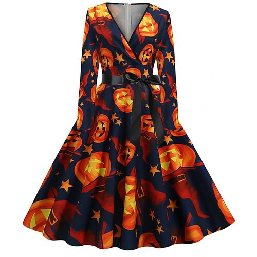 

Women's A Line Dress Swing Dress Knee Length Dress Orange Long Sleeve Abstract Bow Print Fall Winter V Neck Stylish Modern 2022 S M L XL XXL / Casual Dress