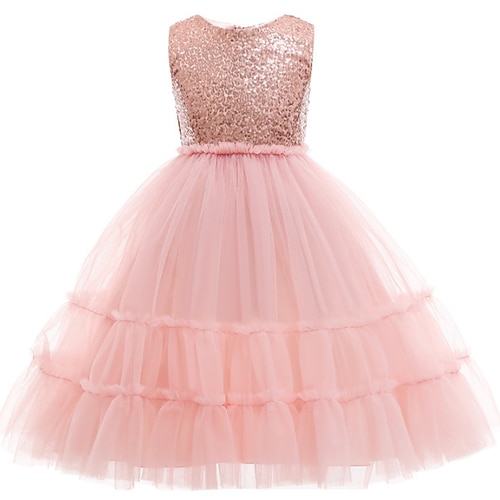 

Robe Enfants Fille Couleur Pleine Robe Trapèze Mi-long Robe Utilisation Paillettes Sans Manches Princesse Robe 3-10 ans Eté Rose Claire