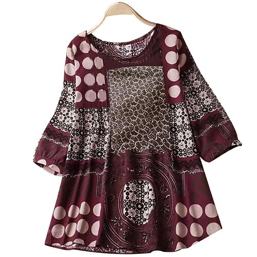 

Women's Plus Size Tops Blouse Shirt Floral Geometry Print 3/4 Length Sleeve Crewneck Vintage Daily Vacation Cotton Fall Spring Black Red