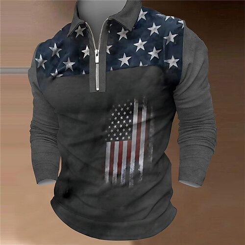 

Men's Collar Polo Shirt Golf Shirt National Flag Turndown Dark Gray 3D Print Outdoor Street Long Sleeve Zipper Print Clothing Apparel Fashion Designer Casual Breathable