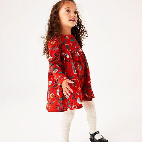 

Kids Little Girls' Dress Cartoon Animal School Daily Print Red Long Sleeve Basic Sweet Dresses Fall Spring 2-8 Years