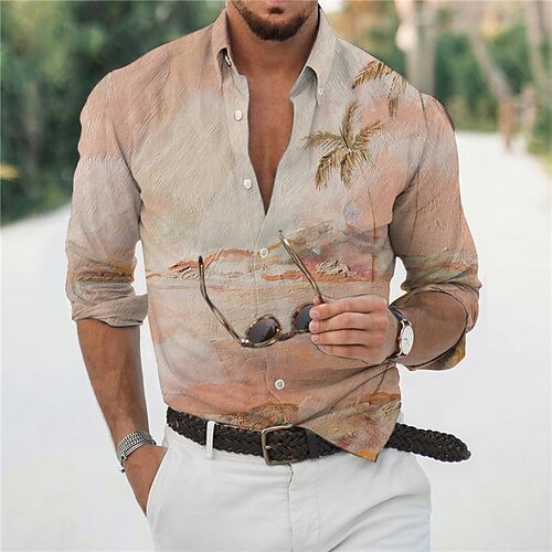 

Men's Shirt Coconut Tree Turndown Pink Long Sleeve 3D Print Outdoor Street Button-Down Print Tops Fashion Designer Casual Breathable