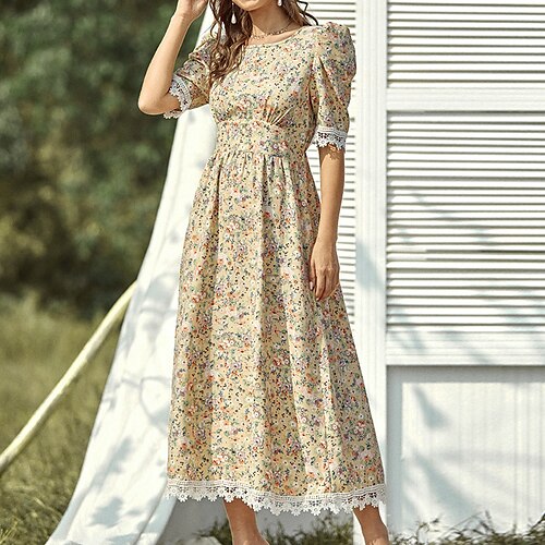 

Women's A Line Dress Maxi long Dress Green Purple Yellow Short Sleeve Floral Lace Print Fall Summer Crew Neck Stylish Fashion Modern 2022 S M L XL