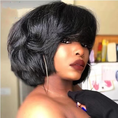

Remy Human Hair Wig Short kinky Straight Pixie Cut Natural Black Adjustable Natural Hairline For Black Women Machine Made Capless Brazilian Hair All Natural Black #1B 8 inch Daily Wear Party & Evening