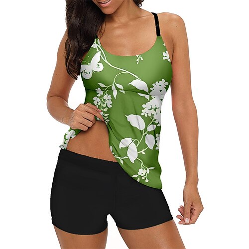 

Women's Tankini Two Piece Swimsuit with Boy Shorts Swimwear Bathing Suit Floral Swimwear Green Quick Dry Swimming Surfing Beach Summer