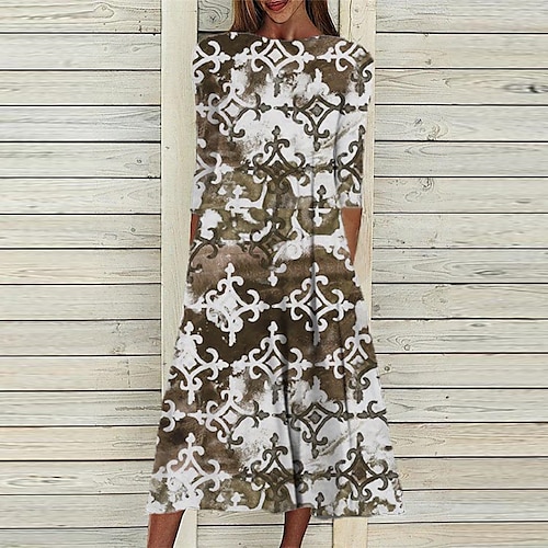 

Women's Casual Dress Shift Dress Midi Dress Green Blue Brown 3/4 Length Sleeve Floral Ruched Winter Fall Autumn 2022 S M L XL XXL 3XL