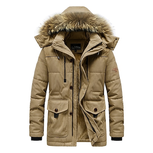 

Men's Winter Jacket Winter Coat Parka Warm Outdoor Casual Daily Zipper Lapel Stylish Minimalism Jacket Outerwear Solid Color Fur Collar Army Green Khaki Dark Navy / Cotton / Long Sleeve