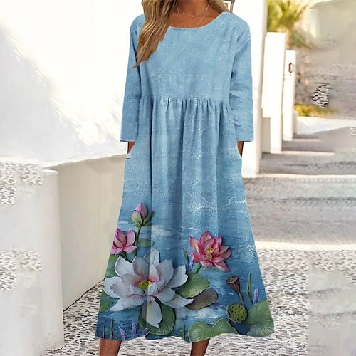

cross-border european and american women's clothing 2022 autumn amazon's new casual loose lotus flower print round neck dress