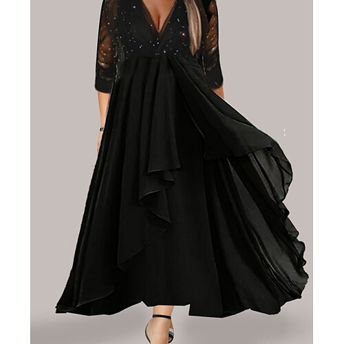 

Women's Plus Size Party Dress Solid Color V Neck Mesh Half Sleeve Winter Fall Elegant Prom Dress Maxi long Dress Formal Cocktail Dress Dress