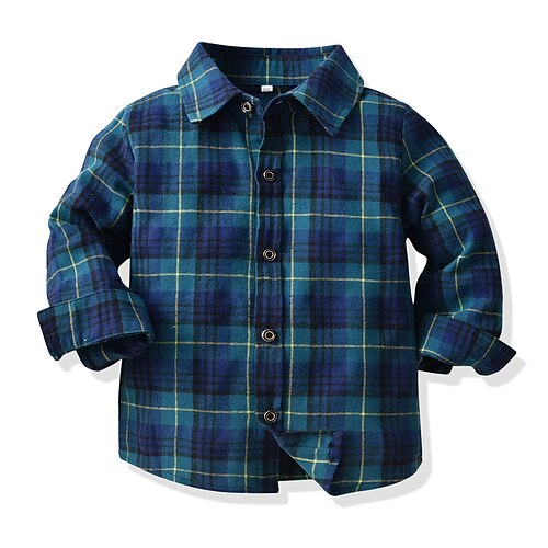 

Kids Boys Shirt Long Sleeve Plaid Blue Children Tops Fall Spring Daily Daily 3-6 Years