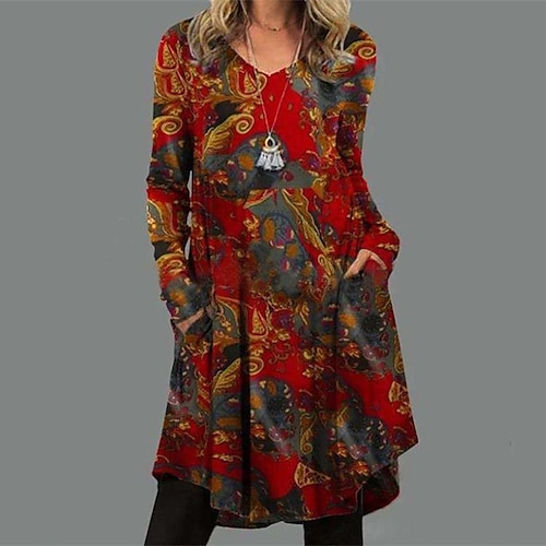 

Women's T Shirt Dress Tee Dress A Line Dress Short Mini Dress Black Dark Green Red Long Sleeve Floral Pocket Print Fall Winter V Neck Casual Mature 2022 S M L XL XXL 3XL 4XL 5XL / Casual Dress
