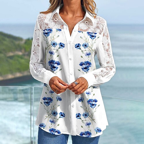 

Women's Blouse Floral Daily Weekend Floral Blouse Shirt Long Sleeve Lace Patchwork Button Shirt Collar Casual Streetwear Blue S