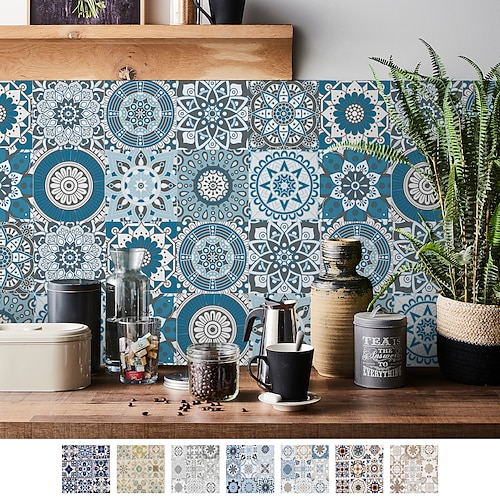 

24pcs Creative Kitchen Bathroom Living Room Self-adhesive Wall Stickers Waterproof Fashion Blue Mandala Tile Stickers