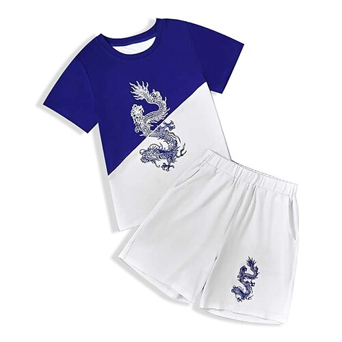 

Kids Boys T-shirt Shorts Clothing Set 2 Pieces Short Sleeve Blue Dragon Animal Crewneck Print Street Sports Vacation Fashion Comfort Cool Daily 3-13 Years
