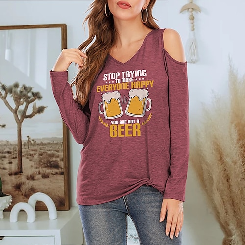 

Women's T shirt Tee Graphic Text Casual Weekend Painting T shirt Tee Long Sleeve Cut Out Print V Neck Basic Blue Gray Red S
