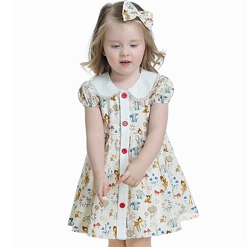 

Kids Little Girls' Dress Floral Cartoon Deer A Line Dress Daily Vacation White Above Knee Short Sleeve Princess Sweet Dresses Spring Summer Regular Fit 2-8 Years