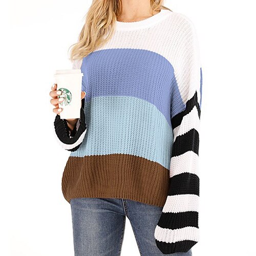 

Women's Pullover Sweater Jumper Crochet Knit Knitted Color Block Crew Neck Stylish Casual Home Daily Fall Winter Blue Gray S M L / Long Sleeve
