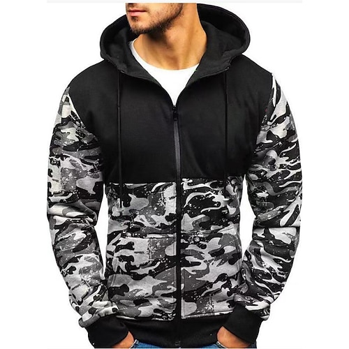 

Men's Full Zip Hoodie Jacket Gray Black Hooded Print Camo / Camouflage Zipper Front Pocket Going out Streetwear Cool Designer Winter Fall & Winter Clothing Apparel Hoodies Sweatshirts Long Sleeve