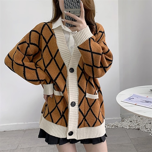 

Women's Cardigan Sweater Jumper Crochet Knit Hollow Out Knitted Plaid Open Front Casual Daily Fall Winter White Yellow One-Size / Cotton / Long Sleeve / Loose / Cotton